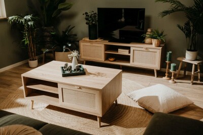 Couchtisch Malmö 55A - in Sonoma Eiche mit Bast-Dekor