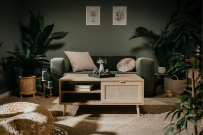 Couchtisch Malmö 55A - in Sonoma Eiche mit Bast-Dekor