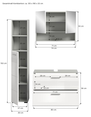 Dome Badkombination  B/H/T 125x190x32 in Hellgrau und weiß